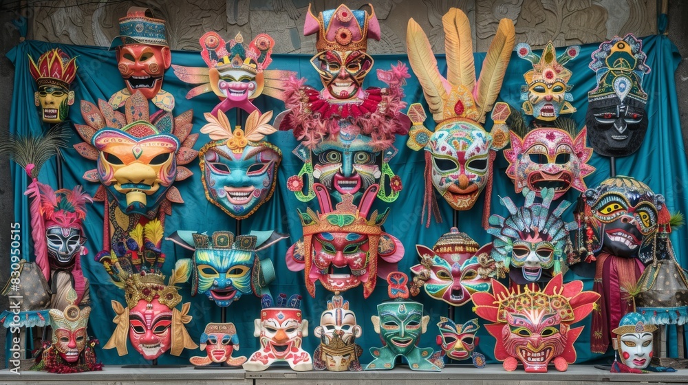 A colorful display of traditional masks and costumes used in a local festival, arranged artistically to showcase cultural heritage, with copy space.