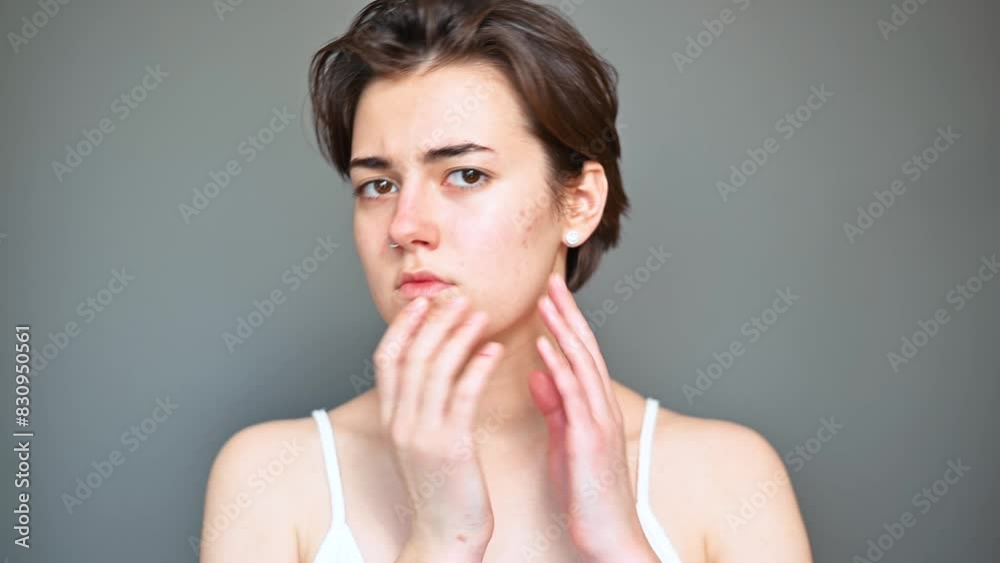 Acne, skin problems. Close-up of an upset young woman looking at acne on her face while standing on a gray background indoors Acne, skin problems. Close-up of an upset young woman looking at acne on her face while standing on a gray background indoors