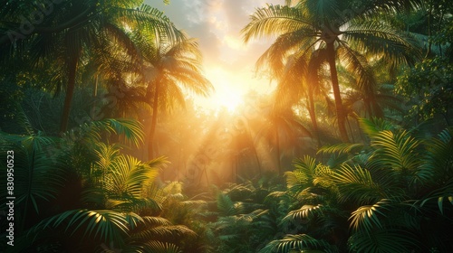 Dramatic light and shadows play as the sun rises over a dense tropical forest  creating a warm glow