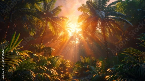 The warm glow of the setting sun filters through the dense foliage of a tropical jungle