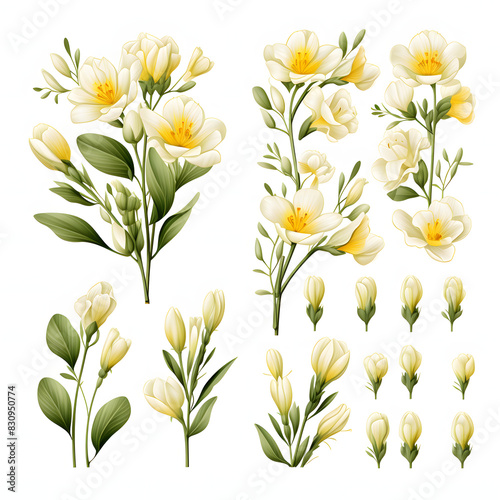 set of Freesia, plants, leaves and flowers. illustrations of beautiful realistic flowers for background, pattern or wedding invitations