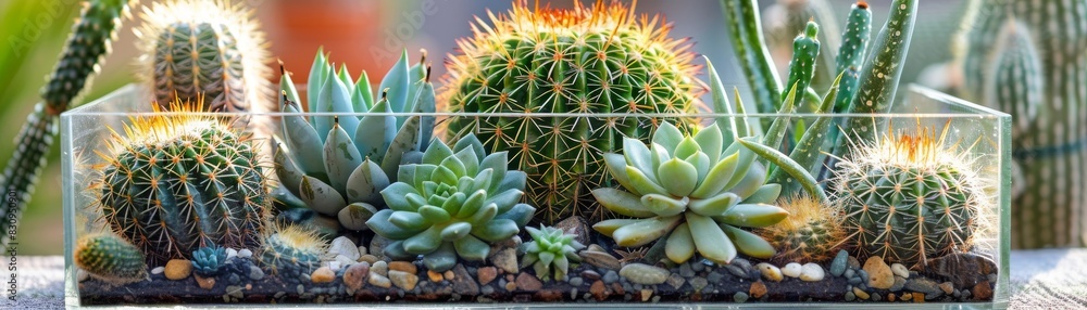 A detailed shot of a succulent terrarium with various cacti and succulents in a glass container, arranged beautifully with decorative stones, with copy space. A detailed shot of a succulent terrarium with various cacti and succulents in a glass container, arranged beautifully with decorative stones, with copy space.