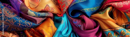 A vibrant photo of a collection of colorful silk scarves arranged artistically, showcasing various patterns and textures, with copy space. © vlabcolor