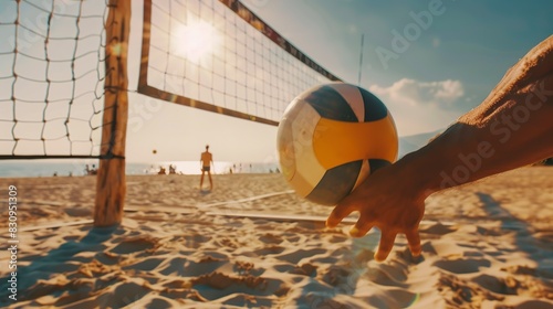 Backpacker playing beach volleyball, close-up on hands hitting the ball, sandy court and sunny sky 