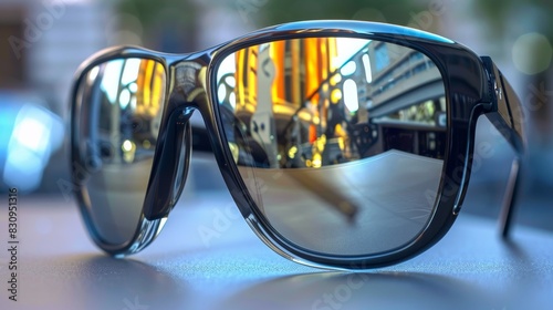 A close-up of a pair of designer sunglasses with reflective lenses and a sleek frame, displayed on a modern surface, with copy space.