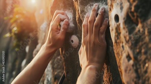 Solo traveler climbing a rock wall, close-up on gripping hands, challenging route and determination  photo