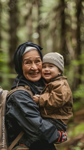 A healthy  adventurous senior woman of muslim descent laughs joyfully while holding her adorable grandson while hiking through the dense forests of Oregon