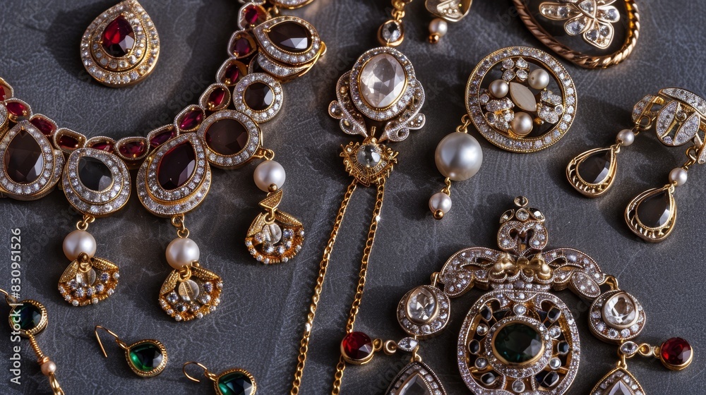 A high-resolution image of a set of elegant jewelry including a necklace, earrings, and a bracelet, featuring precious stones and intricate designs, with copy space. A high-resolution image of a set of elegant jewelry including a necklace, earrings, and a bracelet, featuring precious stones and intricate designs, with copy space.