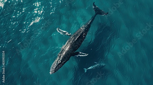 A large whale, possibly a female humpback, is seen swimming gracefully in the water. The whales massive size is evident as it moves effortlessly through the ocean photo