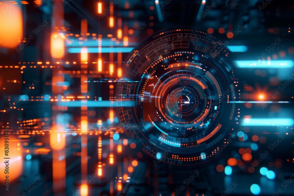High-tech head-up display (HUD) with neon circular patterns and digital elements symbolizing advanced technology High-tech head-up display (HUD) with neon circular patterns and digital elements symbolizing advanced technology