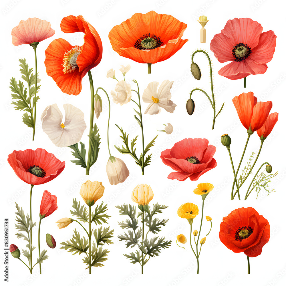 set of Poppy, plants, leaves and flowers. illustrations of beautiful realistic flowers for background, pattern or wedding invitations set of Poppy, plants, leaves and flowers. illustrations of beautiful realistic flowers for background, pattern or wedding invitations