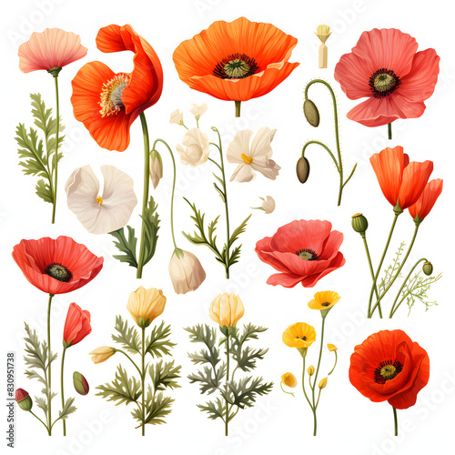 set of Poppy  plants  leaves and flowers. illustrations of beautiful realistic flowers for background  pattern or wedding invitations