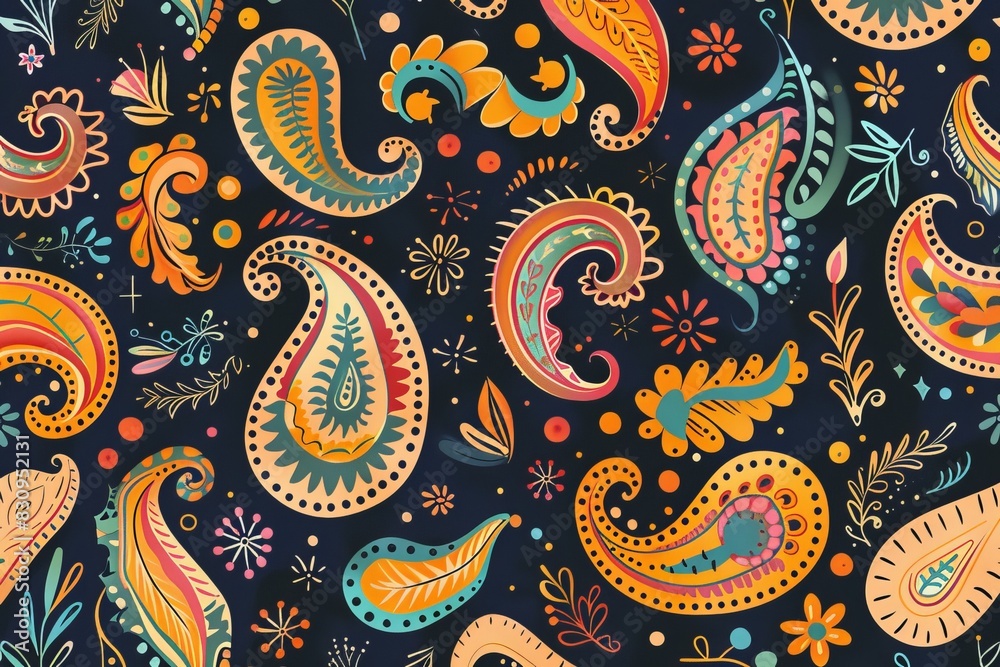 Obraz premium Colorful paisley pattern on dark background with floral and leaf elements, perfect for textile, wallpaper, or background design.