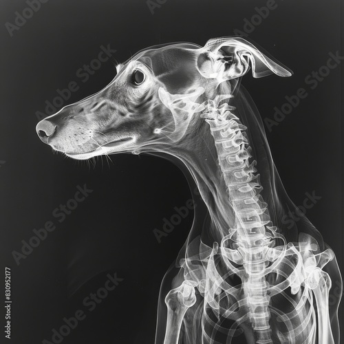 An X-ray illustration showing a dog with a skeleton embedded in its back