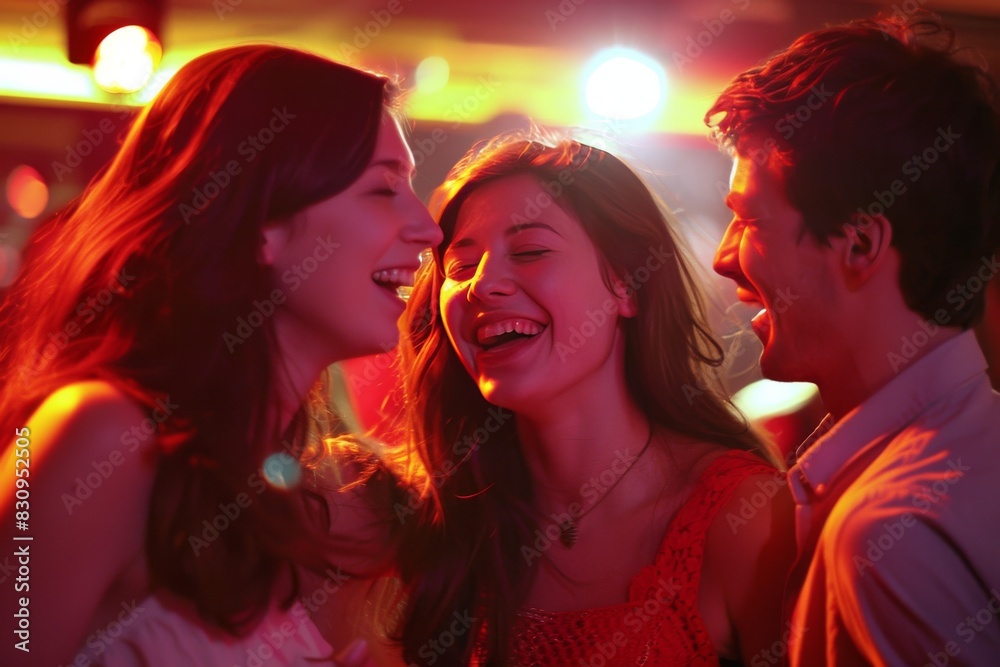 Group of joyful friends enjoying a party with colorful lights and laughter, capturing a moment of happiness