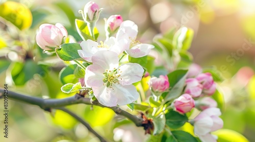 Apple tree buds of pink and white flowers on a branch in the spring Blooming garden in springtime Beauty in nature Copy space Plant cultivation Orchard in bloom May scenery   Generative AI