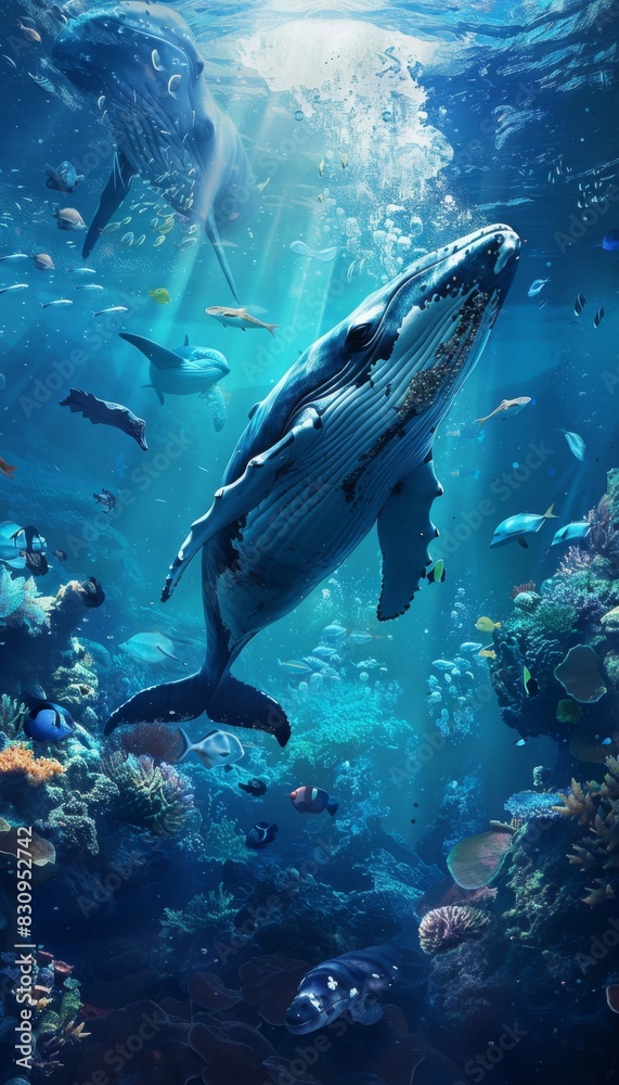 Fototapeta premium Animals of the underwater sea world. Ecosystem. Colorful tropical fish. Life in the coral reef