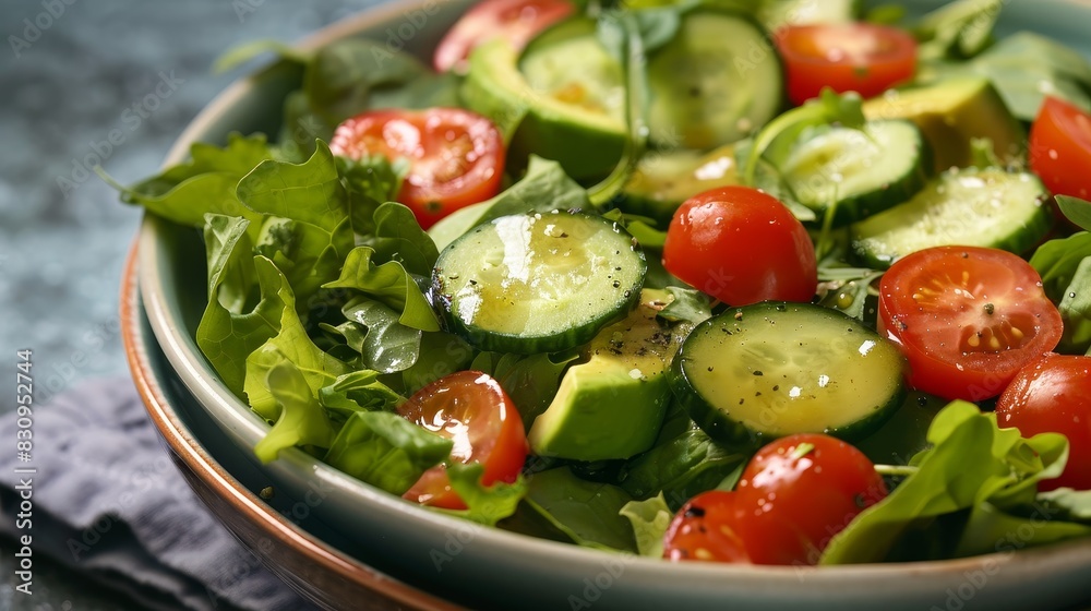 A vibrant image of a salad bowl filled with mixed greens, cherry tomatoes, cucumber slices, and avocado, drizzled with a light vinaigrette, with copy space. A vibrant image of a salad bowl filled with mixed greens, cherry tomatoes, cucumber slices, and avocado, drizzled with a light vinaigrette, with copy space.