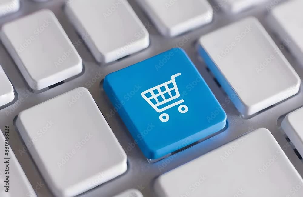 A blue keyboard button with shopping cart icon on a white keyboard A blue keyboard button with shopping cart icon on a white keyboard