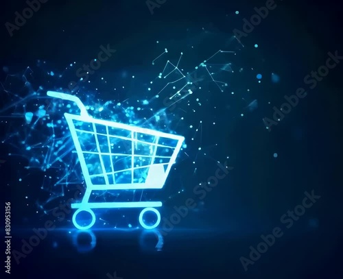 A digital blue glowing shopping cart icon on a dark background photo