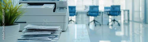 A high-resolution image of a multi-function printer with a stack of paper and printed documents, set in a clean, modern office environment, with copy space.
