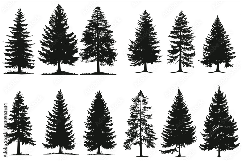 Christmas trees silhouettes, Christmas trees pictogram set, Pine tree silhouette, Silhouette of pine trees, Forest fir trees, Forest, Pine, Tree, Nature, Pine tree, Christmas tree, Decorated tree