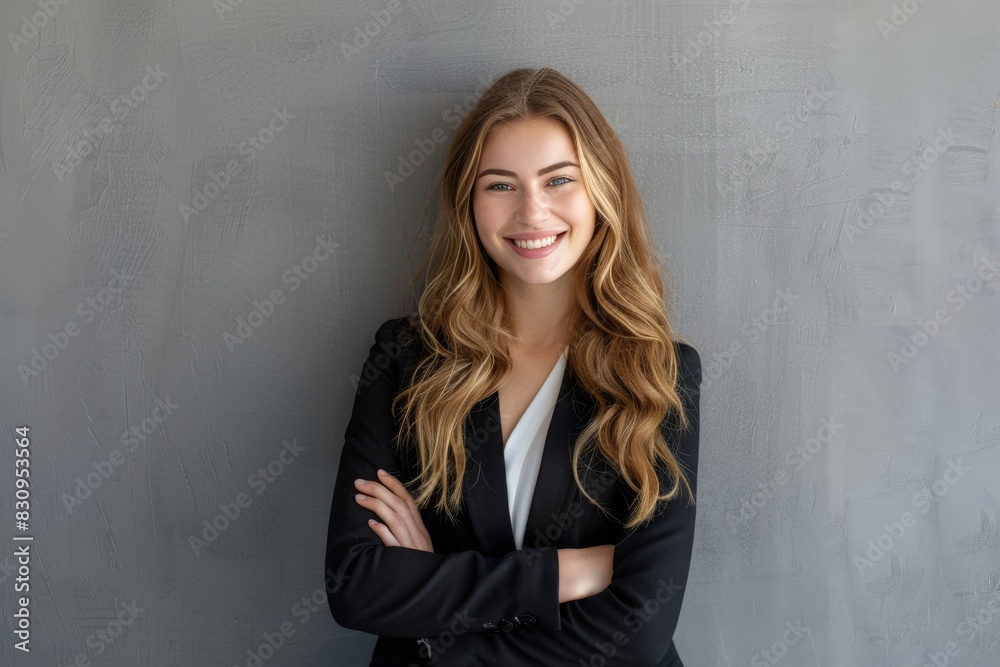 Confident businesswoman smiling with folded arms in a grey office background Confident businesswoman smiling with folded arms in a grey office background