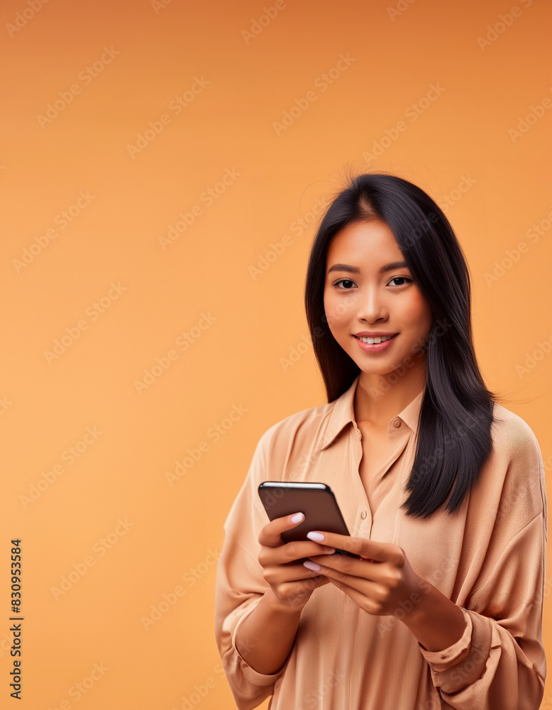Young asiatic woman smiling and using cellphone isolated over orange background. Generative Ai. Young asiatic woman smiling and using cellphone isolated over orange background. Generative Ai.