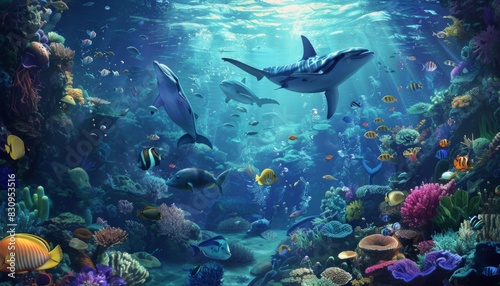 Animals of the underwater sea world. Ecosystem. Colorful tropical fish. Life in the coral reef