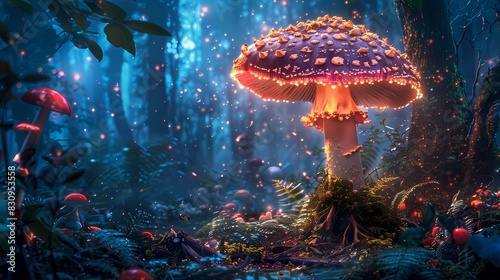 Digital technology fantasy forest mushroom poster background