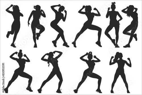 Woman exercising silhouettes set, woman gym exercises silhouettes, Female yoga silhouettes set, Various woman sports exercising silhouettes, Fitness silhouettes, Fitness exercise silhouettes