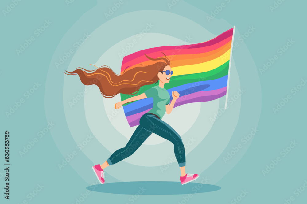 Joyful Transgender Woman Running with Rainbow Pride Flag, Embracing LGBT Equality and Freedom Concept