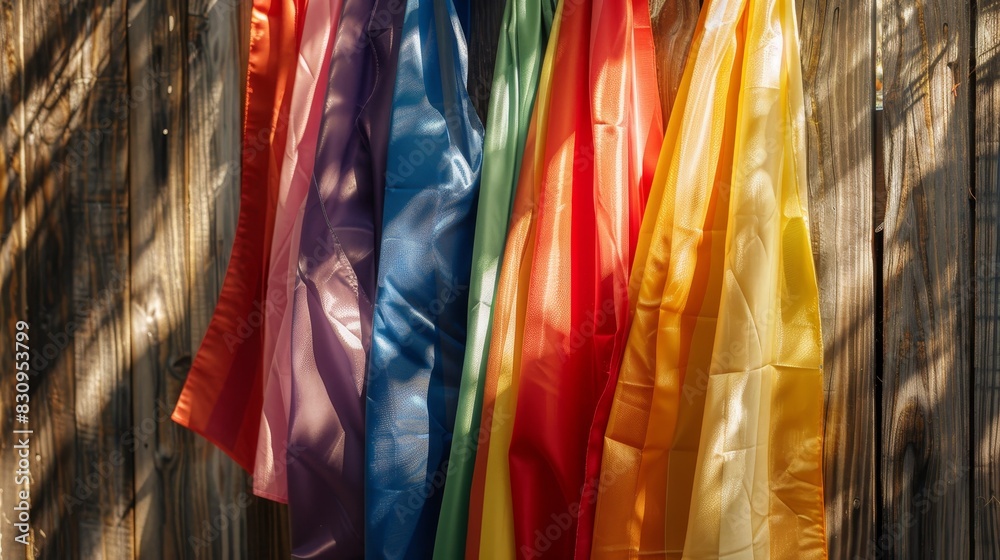 Close-up of pride flags draped over a wooden fence, sunny day, copy space, rustic setting, LGBT pride, colorful banners, love and acceptance, community support, inclusive environment.
