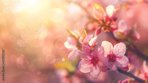 Spring border or background art with pink blossom Beautiful nature scene with blooming tree and sun flare Easter Sunny day Spring flowers Beautiful Orchard Abstract blurred background  : Generative AI © The Little Hut