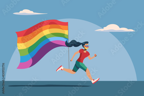 Joyful Transgender Woman Running with Rainbow Pride Flag, Embracing LGBT Equality and Freedom Concept