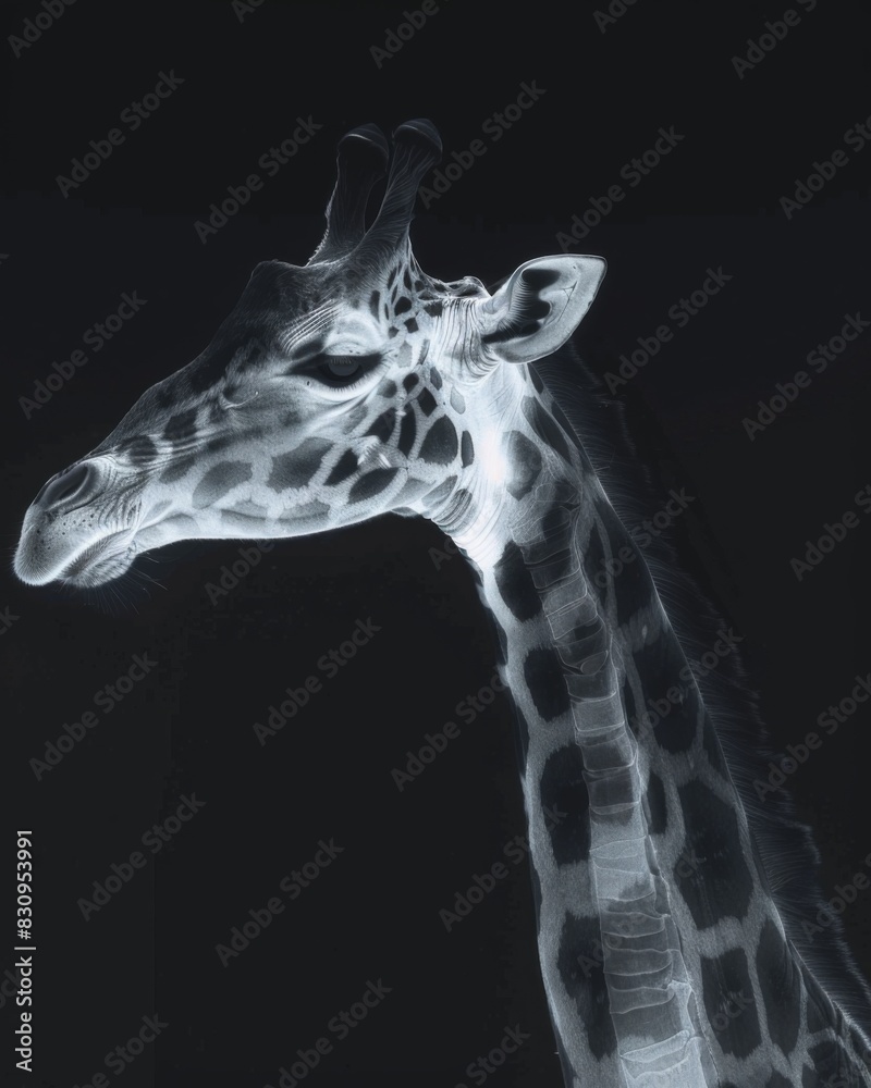 X-ray style portrait of a majestic giraffe in black and white X-ray style portrait of a majestic giraffe in black and white