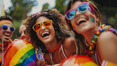 Friends laughing together at pride parade - Group of joyful friends wearing colorful accessories and clothes celebrating at a pride parade, exuding happiness and unity © Tida