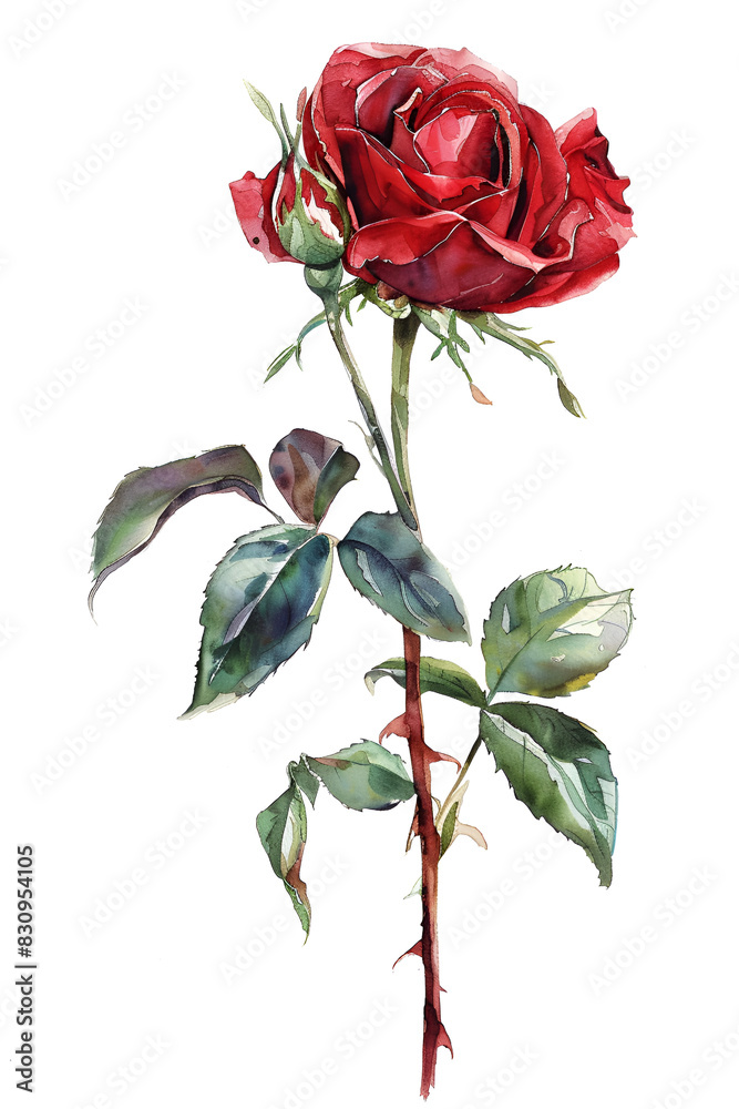 Obraz premium Watercolor Floral Border with Red Roses and Green Leaves, Generative AI