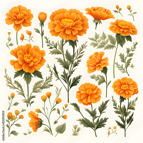 set of Marigold, plants, leaves and flowers. illustrations of beautiful realistic flowers for background, pattern or wedding invitations © Jareerut
