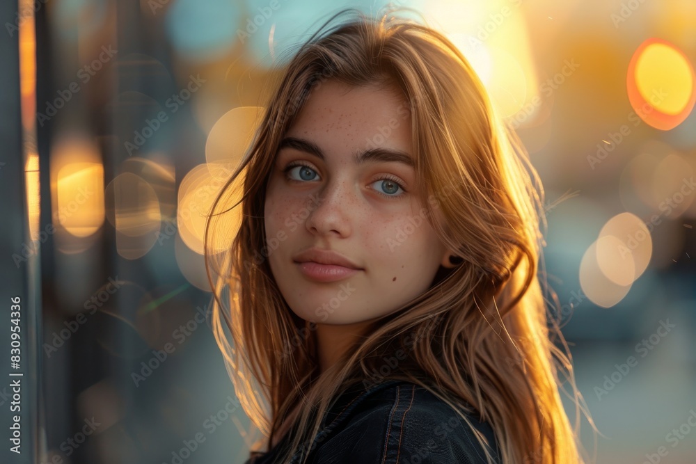 A young woman's portrait at sunset, highlighting her natural beauty and serenity A young woman's portrait at sunset, highlighting her natural beauty and serenity