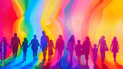 Silhouetted figures against rainbow background - Silhouetted people illustrated against a vivid rainbow-colored backdrop