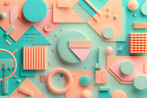 3D rendering of an abstract geometric background with pastel colored shapes and circles, squares, and triangles