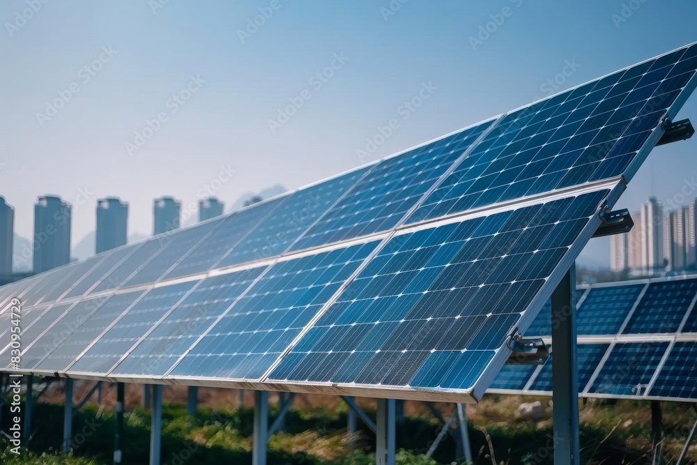 Large array of photovoltaic solar panels with a modern city skyline in the background under clear skies Large array of photovoltaic solar panels with a modern city skyline in the background under clear skies