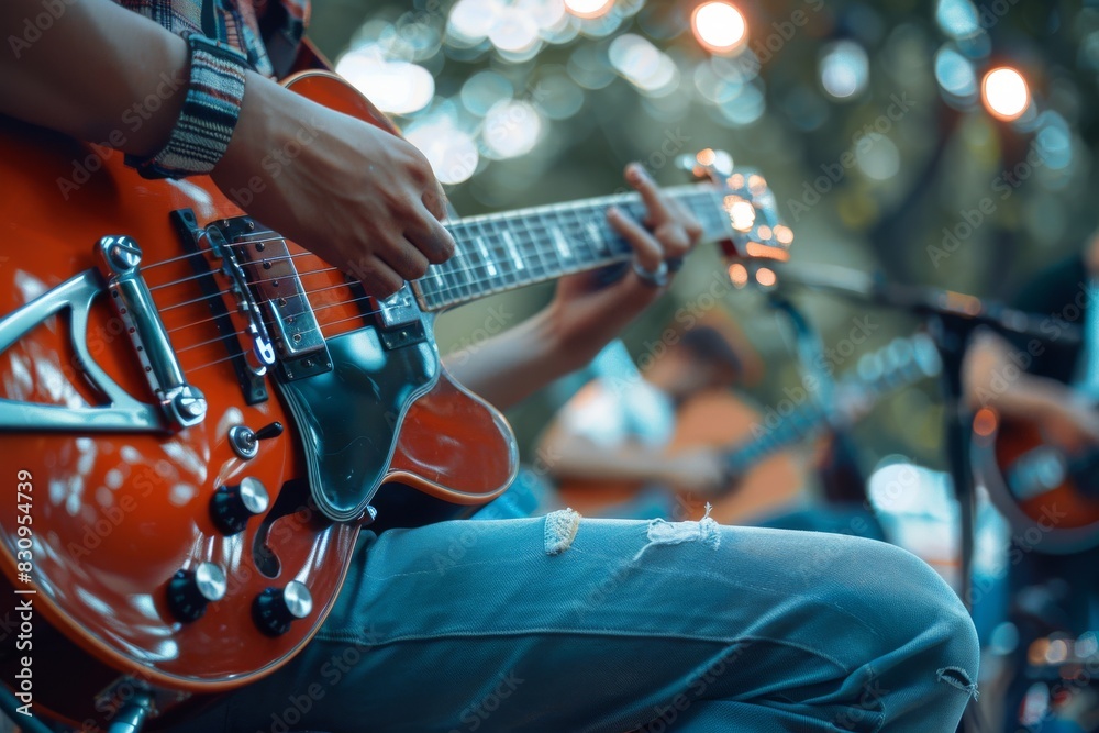 Naklejka premium A close view of a musician playing an electric guitar on stage with bokeh lights in the background