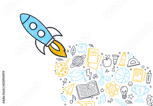 Back to school. A doodle of rocket with school supplies and educational elements. Hand-drawn vector illustration isolated on a white background.