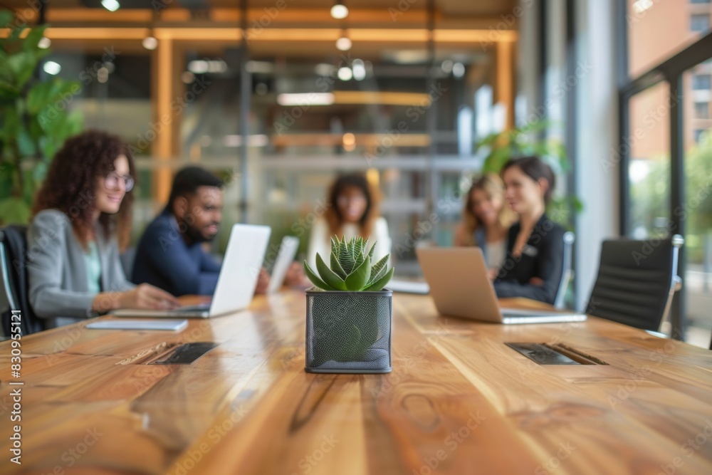 A group of professionals sit around a wooden table in an office environment with laptops