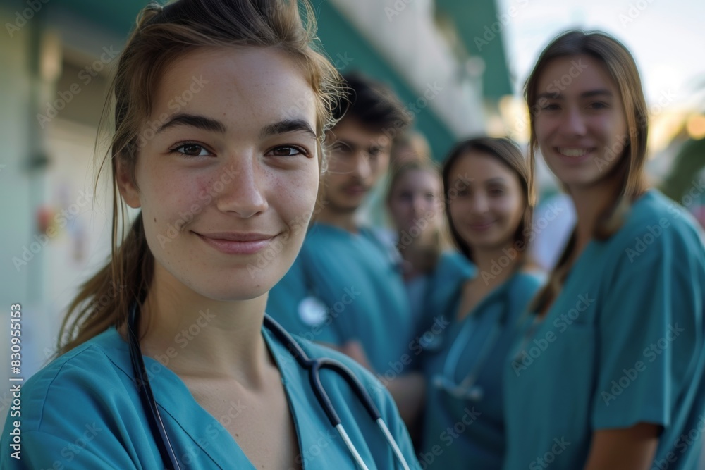 A group of healthcare professionals outside, with a young woman in the foreground smiling at the camera A group of healthcare professionals outside, with a young woman in the foreground smiling at the camera