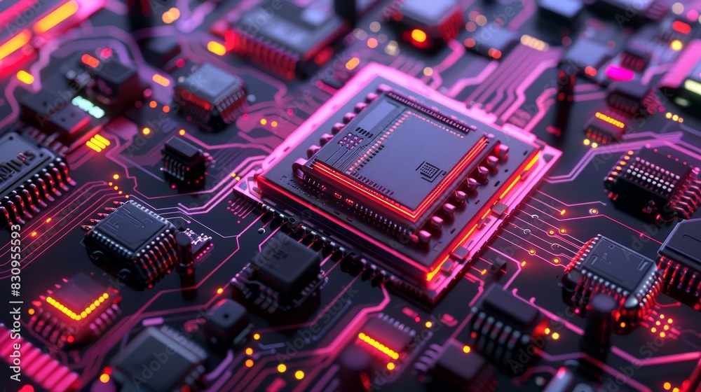 A close-up of a glowing computer motherboard, showcasing intricate microchips, circuits, and vibrant, illuminated pathways. A close-up of a glowing computer motherboard, showcasing intricate microchips, circuits, and vibrant, illuminated pathways.