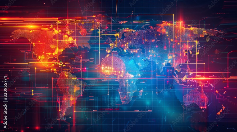A vibrant, digital world map with neon lights and abstract lines, representing global connectivity and modern technology concepts. A vibrant, digital world map with neon lights and abstract lines, representing global connectivity and modern technology concepts.