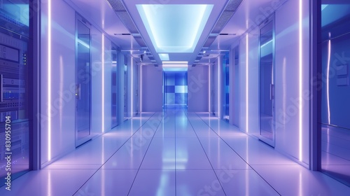 A modern data center corridor with vibrant  colorful lighting and reflective surfaces creating a futuristic ambiance.